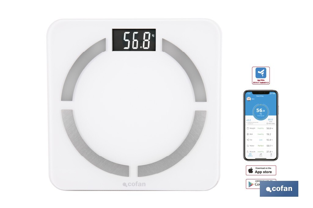 BÁSCULA DE BAÑO  DIGITAL  BLANCA CON PANTALLA LCD USB MEDICIÓN IMC DE GRASA VISCERAL 30 X 30 X 2,2 CM (PACK: 1 UDS)